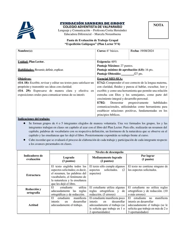 Pauta de Evaluación de Trabajo Grupal “Expedición Galápagos” 