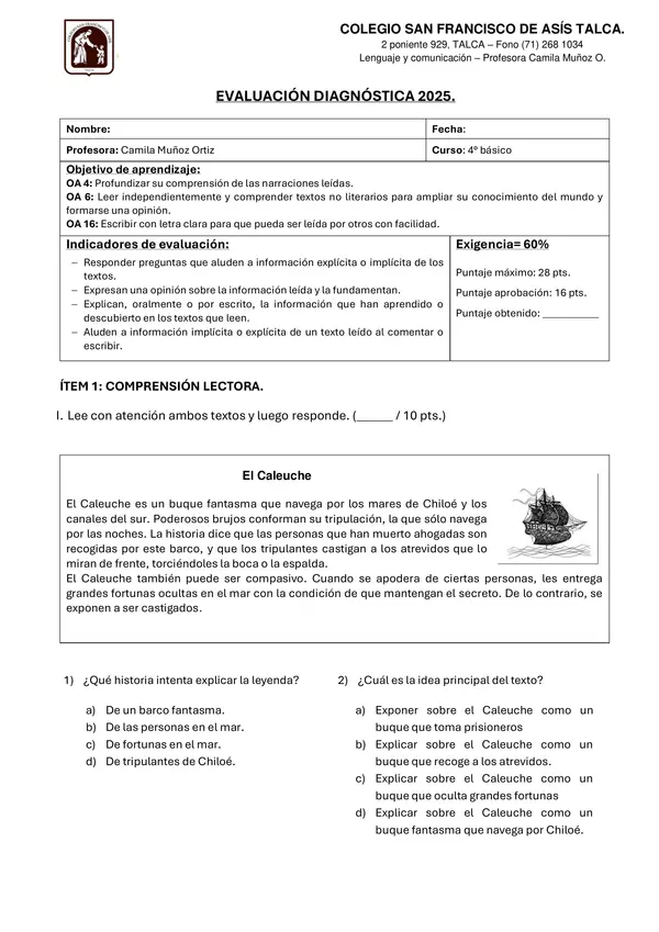 Evaluación diagnostica lenguaje.