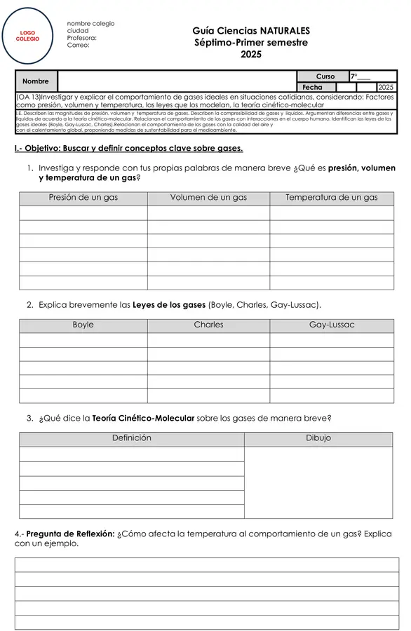 Ciencias Naturales 7°  Gases ideales, leyes, teoría cinético-molecular (OA13)