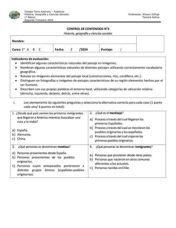 2° Básico - Prueba Mestizaje e Inmigrantes