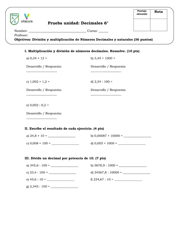 Evaluación decimales 6to 