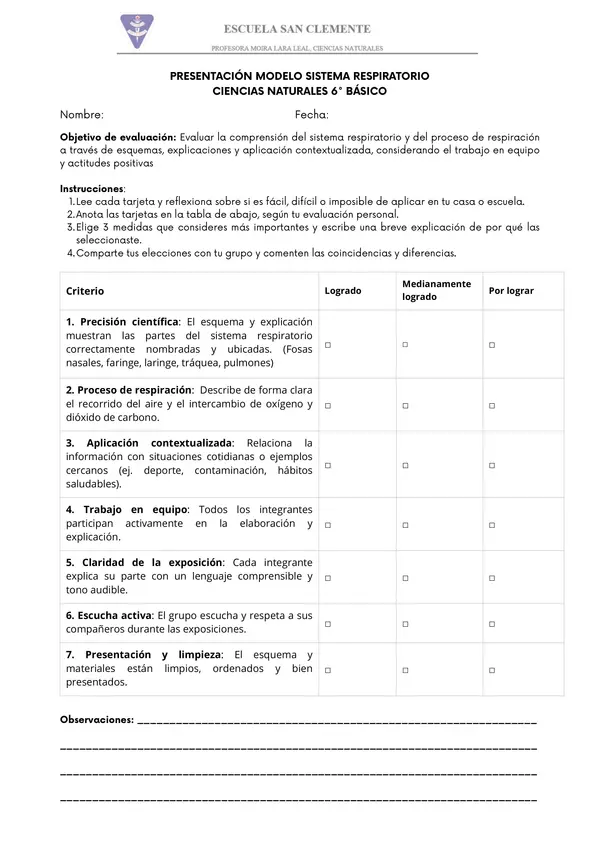 Pauta de evaluación modelo sistema respiratorio