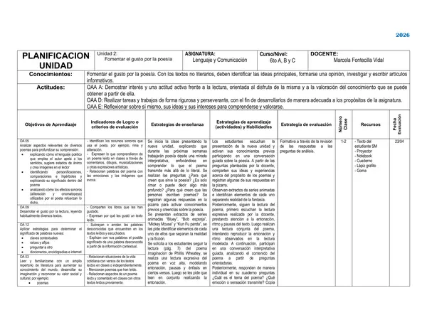 Planificación Lenguaje 6to Unidad 2 - 2026 