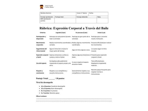 Rúbrica expresión corporal 1er ciclo