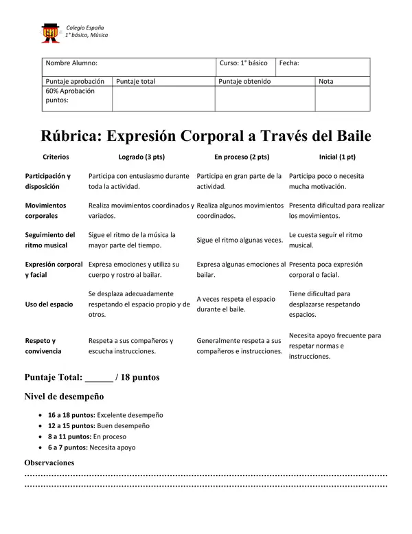 Rúbrica expresión corporal 1er ciclo