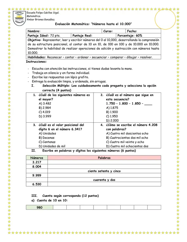 Evaluación Matemáticas Números Hasta el 10.000 Parte II