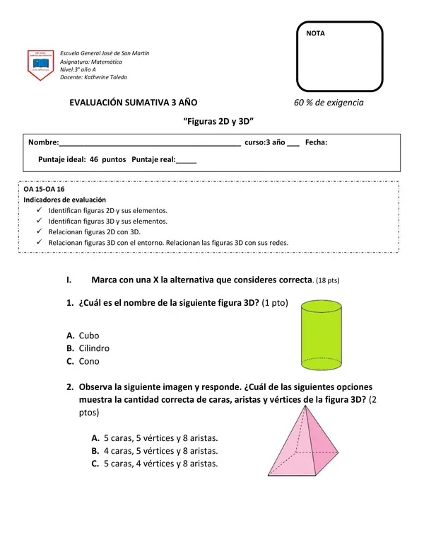 Evaluación figuras 2D y 3D  3 año