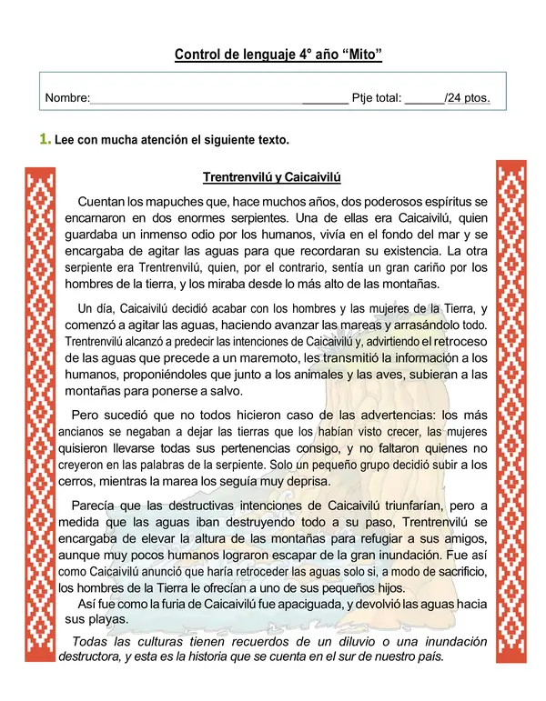 Control comprensión lectora mito "Trentrenvilú y Caicai vilú" 4° año básico.