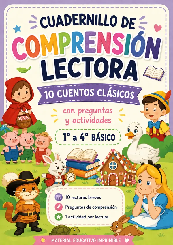 Comprensión Lectora: 10 Cuentos Clásicos con Actividades Guía Lista para Imprimir | 1° a 4° Básico