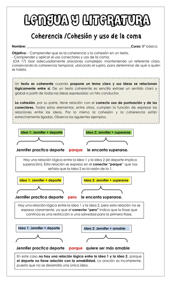 Guía de trabajo - Coherencia/cohesión y uso de la coma - 8° (Lengua y literatura)