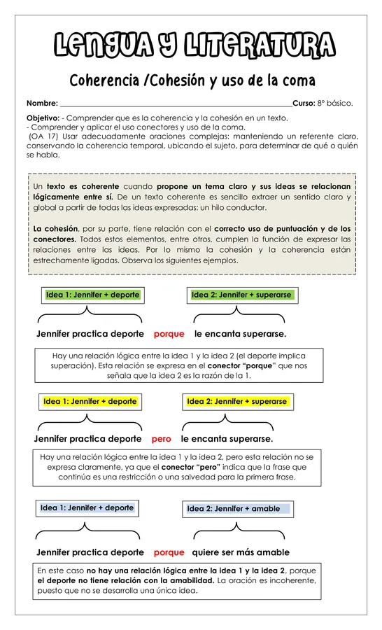 Guía de trabajo - Coherencia/cohesión y uso de la coma - 8° 