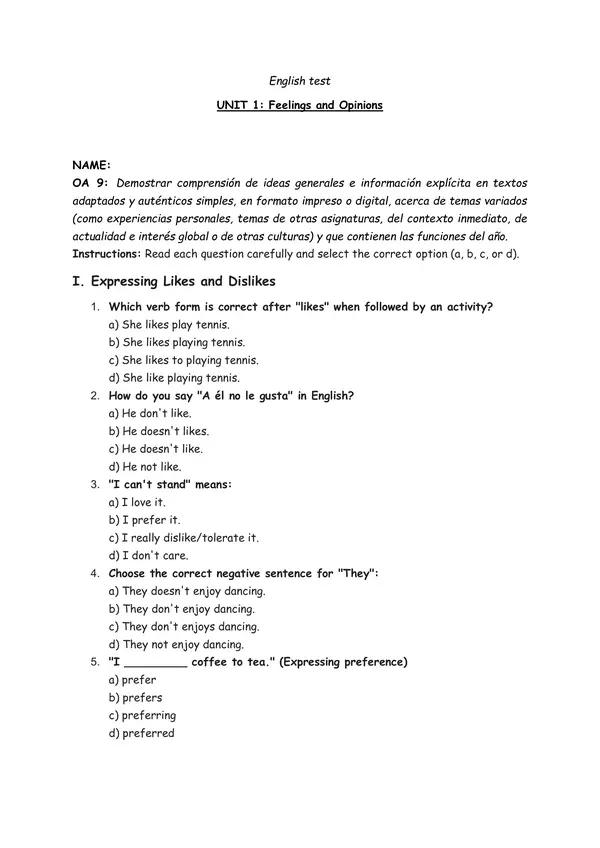 Prueba unidad 1: Feelings and opinions 7mo básico