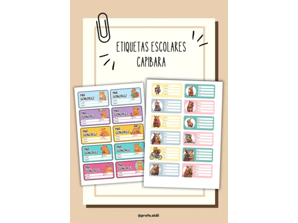 Etiquetas escolares Capibara EDITABLES