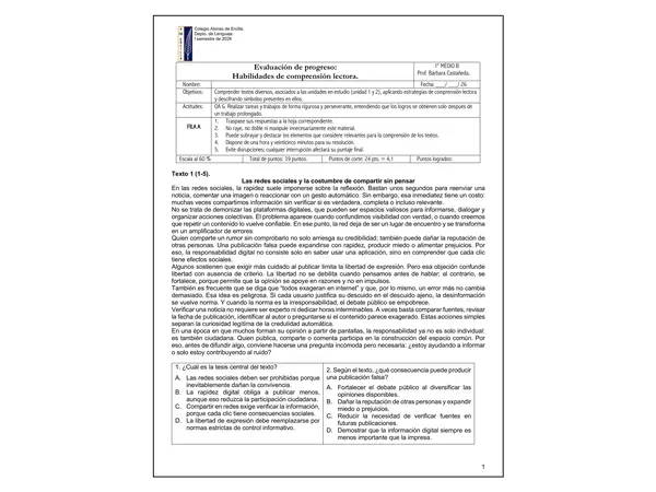 Evaluación comprensión lectora U.1. y U.2. 