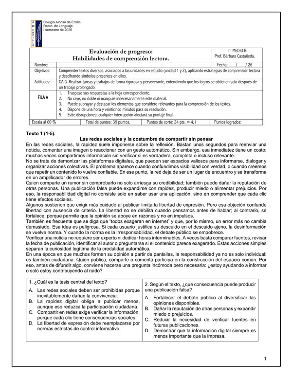 Evaluación comprensión lectora U.1. y U.2. 