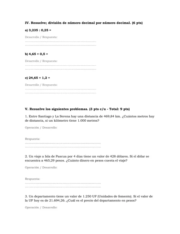 Evaluación decimales 6to 