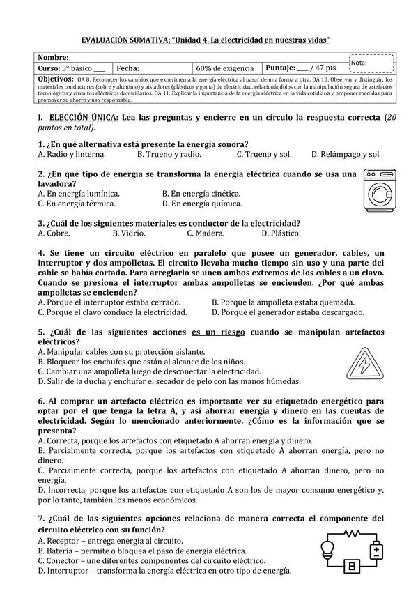 PRUEBA DE ELECTRICIDAD (5° básico, ciencias)