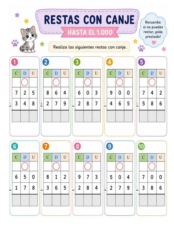 SUSTRACCIÓN CON CANJE 3° BÁSICO (HASTA EL 1.000)