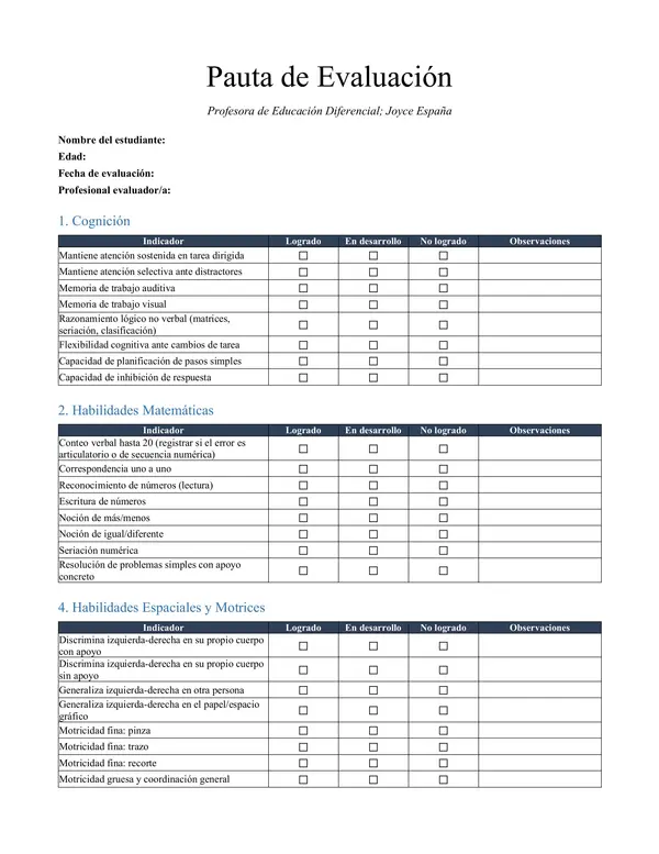 Pauta de evaluación psicopedagógica por habilidad / nivel de logro