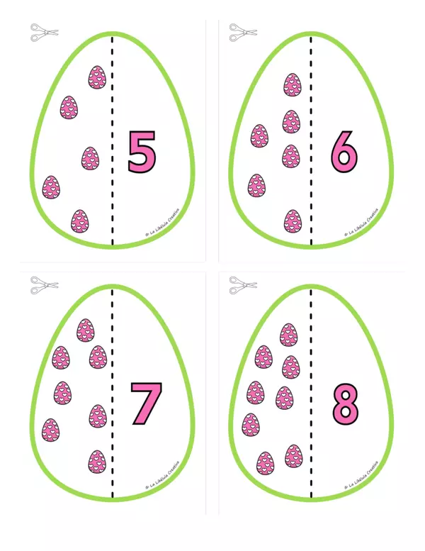 Tarjetas Ilustrativas Huevos de Pascua Números Contar Recortar Colorear
