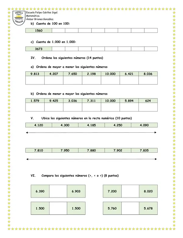 Evaluación Matemáticas Números Hasta el 10.000 Parte II
