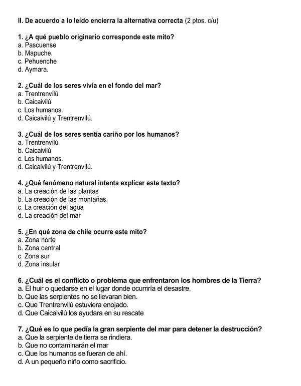 Control comprensión lectora mito "Trentrenvilú y Caicai vilú" 4° año básico.