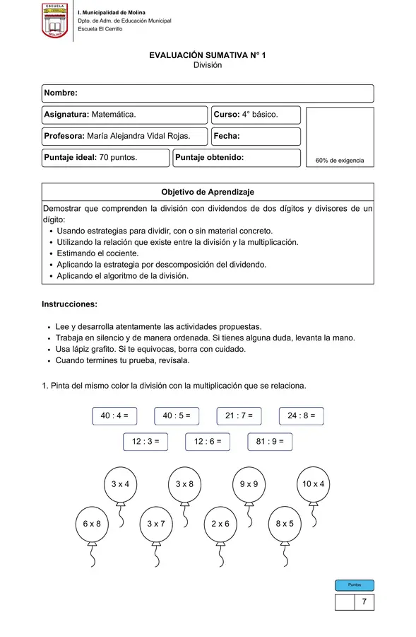 4° básico - Evaluación sumativa: División 