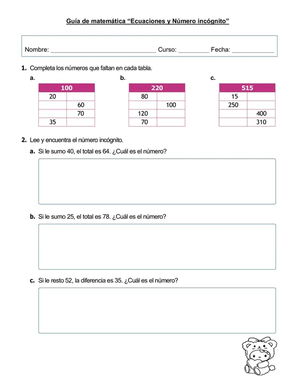 Guía de matemática  3°-4° año "Ecuaciones y números incógnitos"