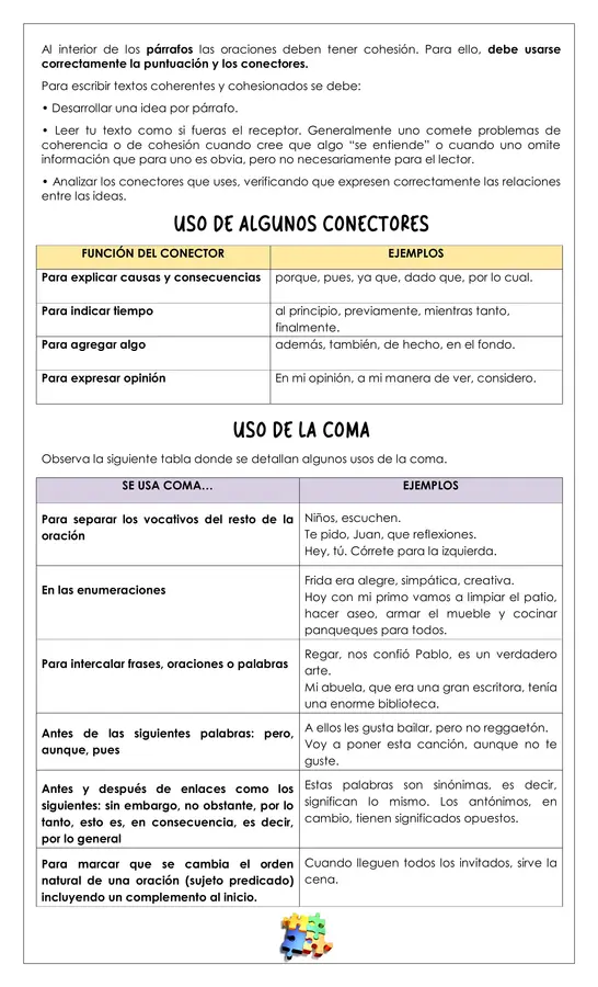 Guía de trabajo - Coherencia/cohesión y uso de la coma - 8° (Lengua y literatura)