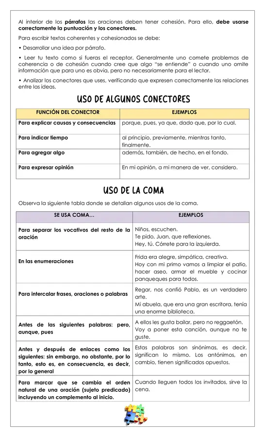 Guía de trabajo - Coherencia/cohesión y uso de la coma - 8° 