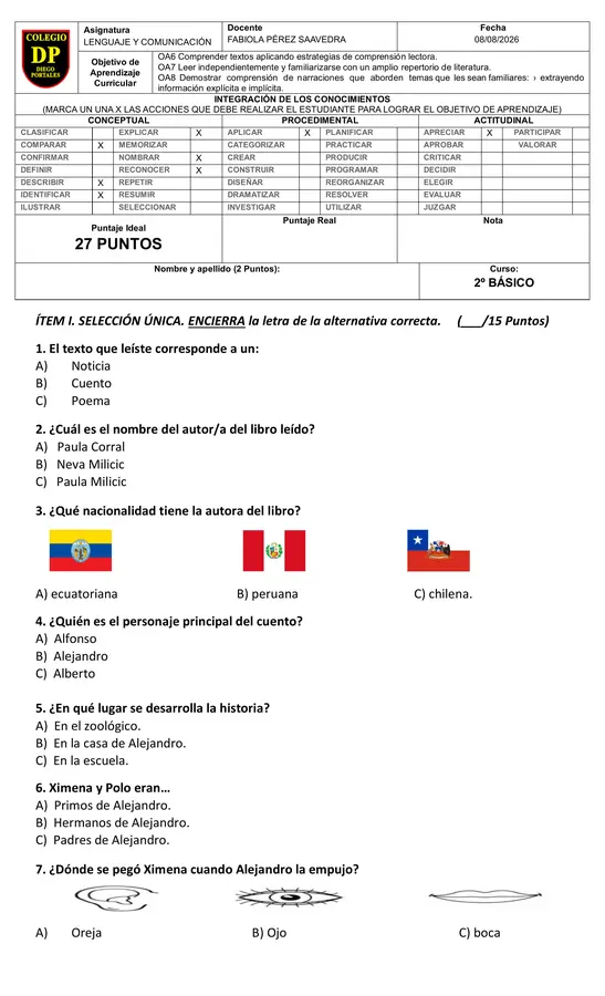 EVALUACIÓN PLAN LECTOR: FUE SIN QUERER