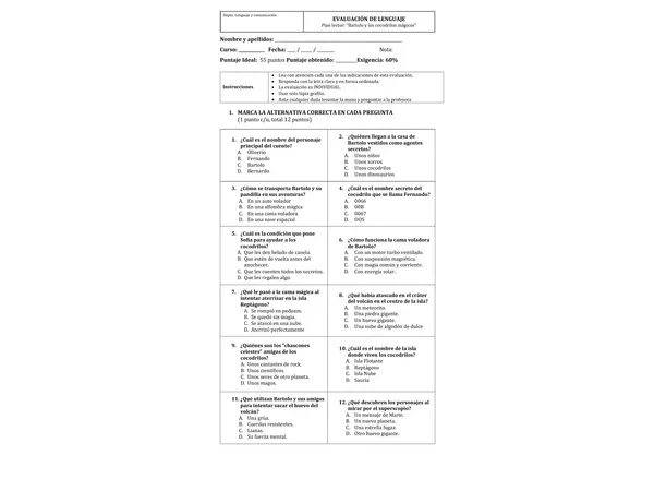 Evaluación de cuento "Bartolo y los cocodrilos mágicos" Mauricio Pareddes