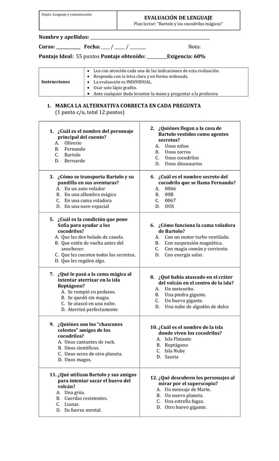 Evaluación de cuento "Bartolo y los cocodrilos mágicos" Mauricio Pareddes