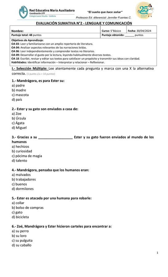 evaluación plan lector "Ester y Mandrágora 1"