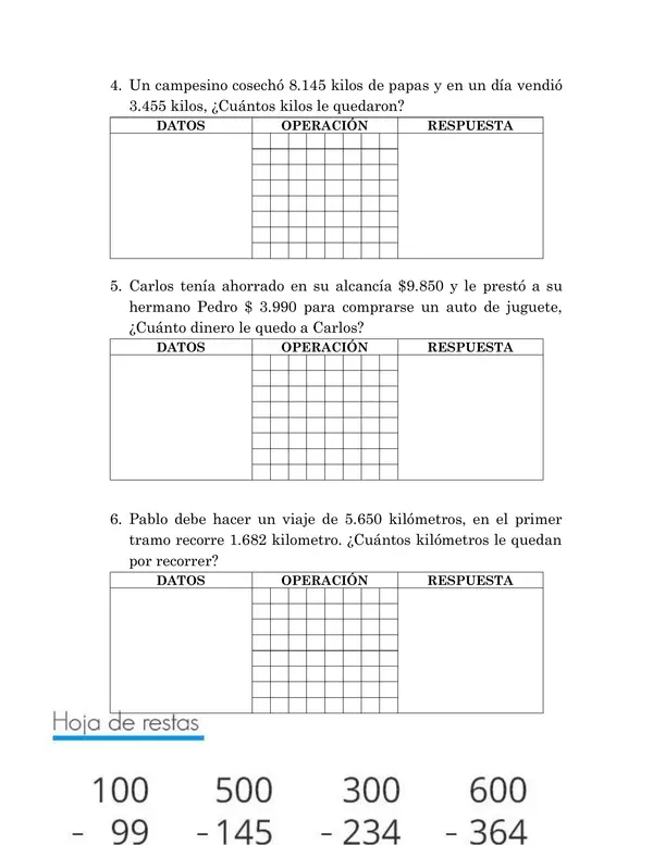 Guía Resolución de problemas sustracciones con canje y sustracciones con ceros