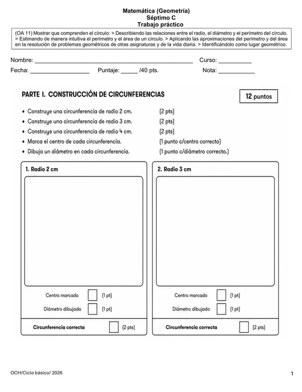 Evaluación OA11 Circunferencia y Círculo 7° Básico | Radio, Diámetro, Área y Perímetro