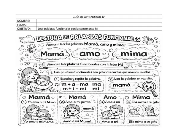 Guía de Lectura Inicial: Palabras Funcionales con la Consonante M (Formato Word)