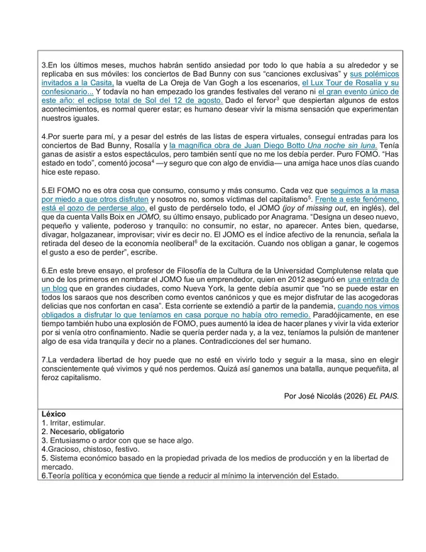Guía columna de opinión (texto argumentativo) sobre concepto "FOMO".