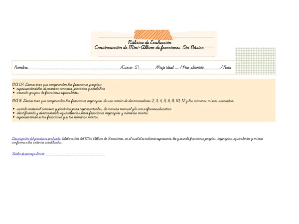 Rúbrica de Evaluación de fracciones. (Adecuada) 5to Básico