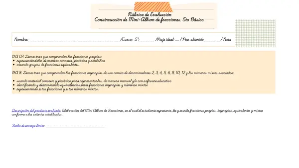 Rúbrica de Evaluación de fracciones. (Adecuada) 5to Básico