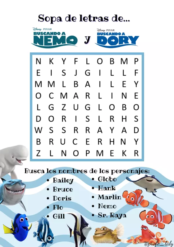 sopa de letras de Buscando Nemo y Buscando a Dory