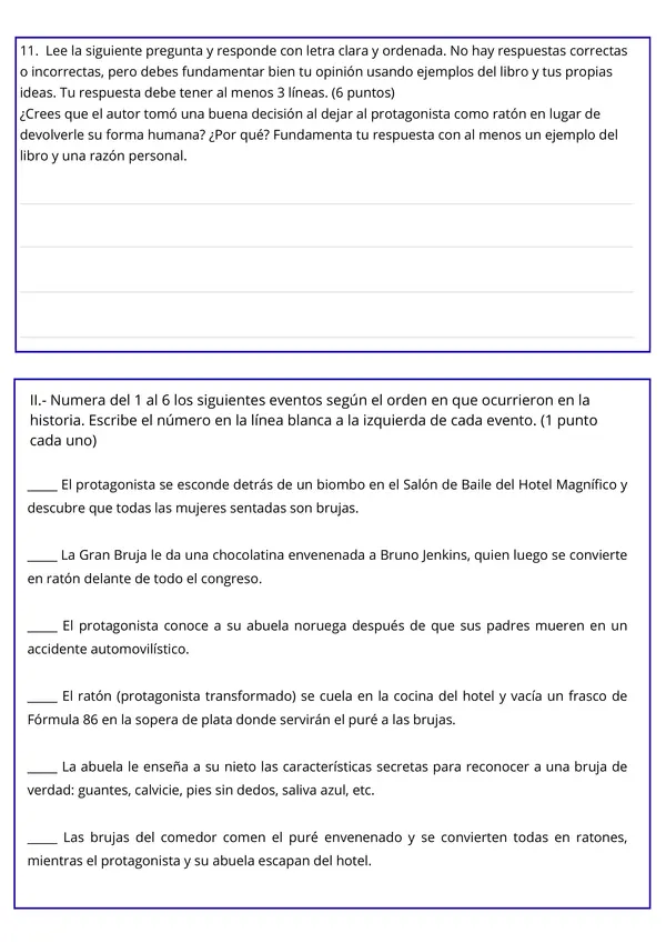 Prueba La brujas - Roald Dahl