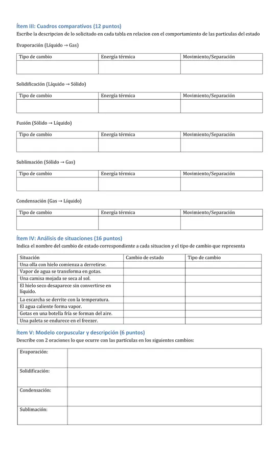 ❄️ Evaluación Cambios de Estado y Modelo Corpuscular – 6° Básico