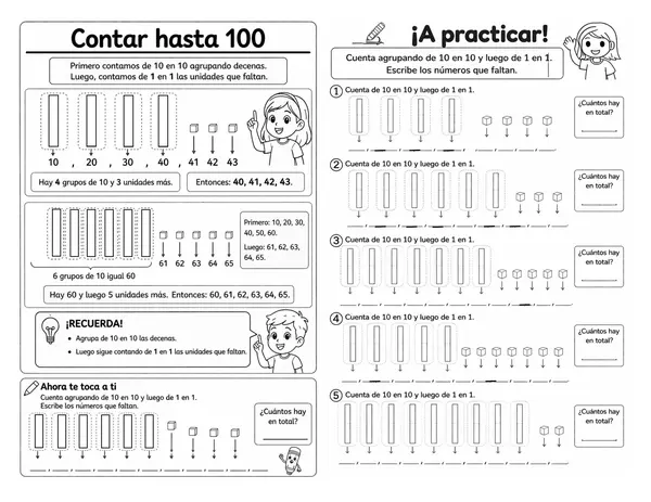 Escritura de números, conteo de 2 en 2 , 5 en 5, 10 en 10