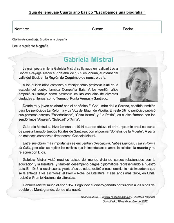 Guía de lenguaje 4°año básico "Escribamos una biografía"