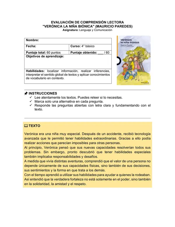 Prueba del libro "VERÓNICA LA NIÑA BIÓNICA" (MAURICIO PAREDES)