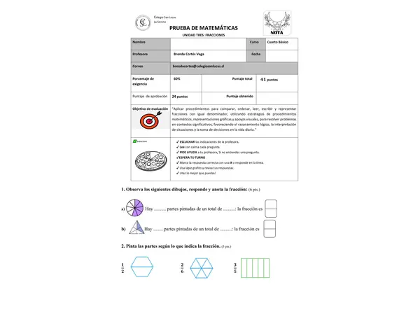 Evaluación fracciones cuarto básico