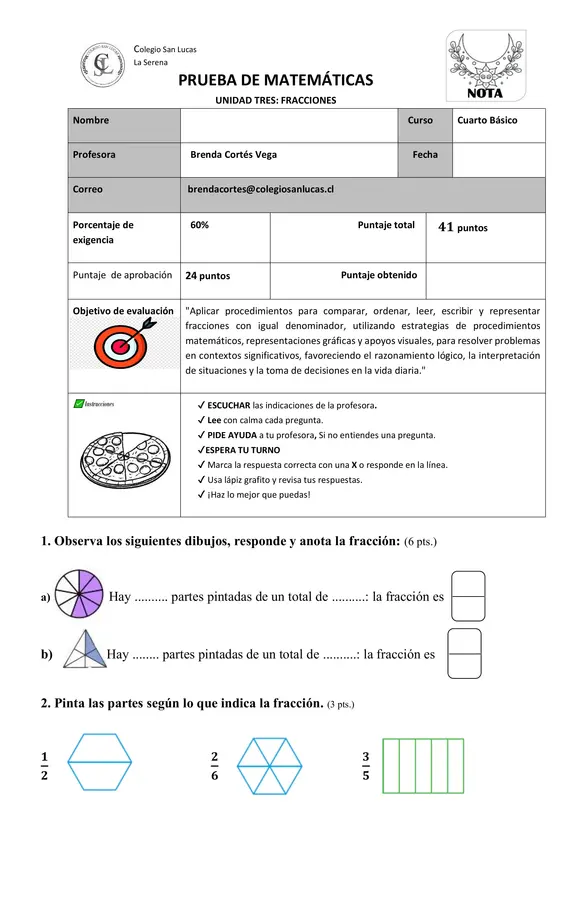 Evaluación fracciones cuarto básico