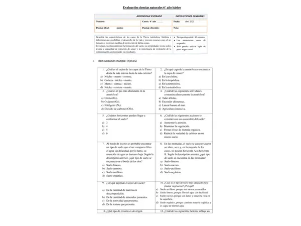 Evaluación 6° básico "EL SUELO"