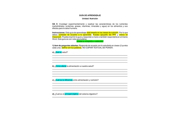 Guía / evaluación Nutrición